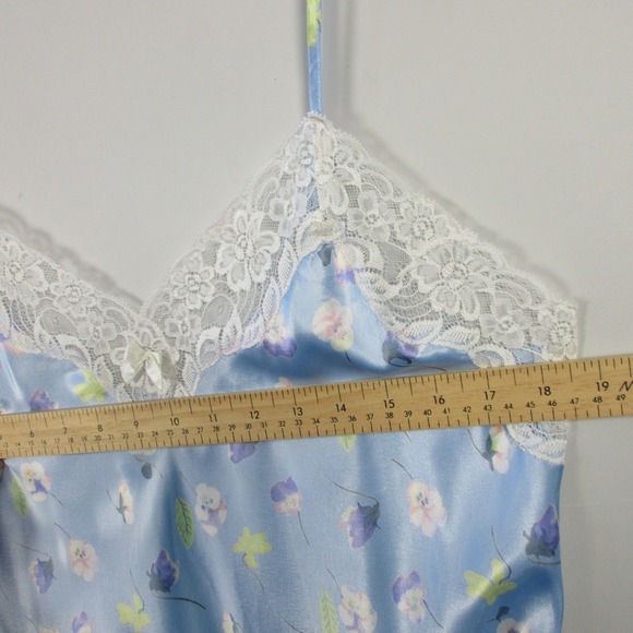 Morgan Taylor Intimates Slip Dress L Blue Satin Lace Trim Floral Lingerie 92 - Picture 5 of 10